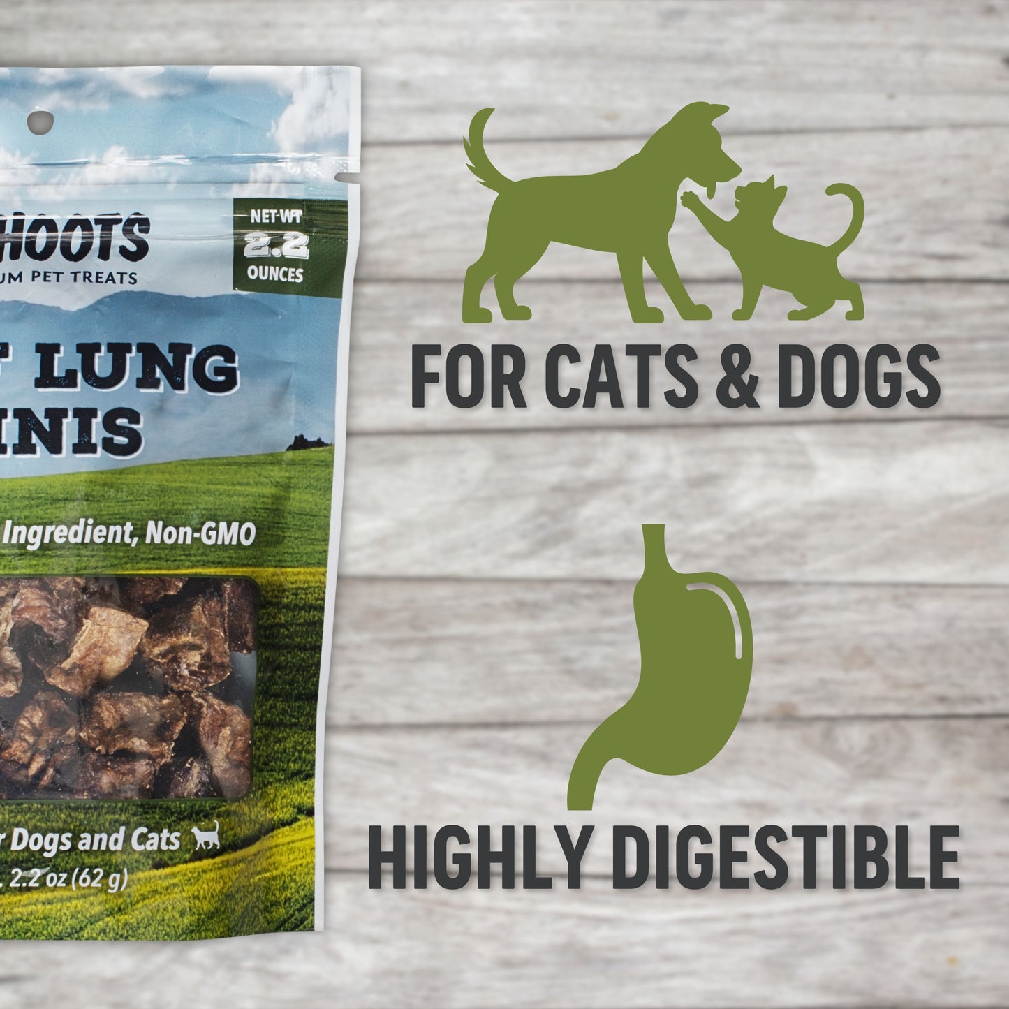 Dog and cat treat package with text 'For Cats & Dogs' and 'Highly Digestible' on a wooden background
