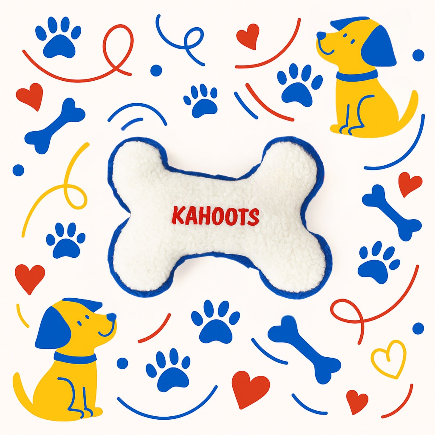 Bone-shaped dog toy with 'KAHOOTS' branding surrounded by colorful dog-related illustrations on a white background.