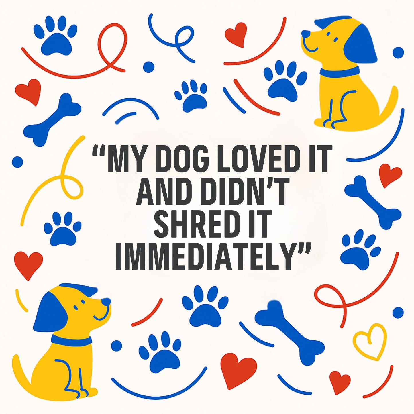 Decorative graphic with dogs, paw prints, bones, and hearts on a white background with text.