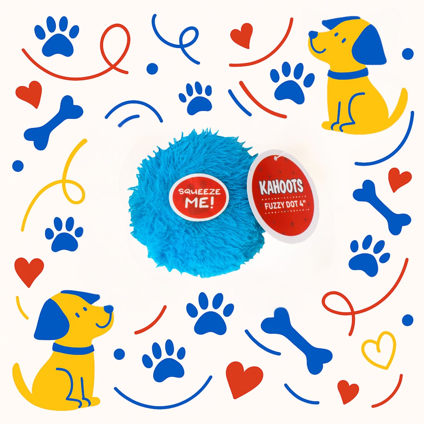 Blue fuzzy dot toy with 'Kahoots' branding on a colorful background with dog illustrations and icons.