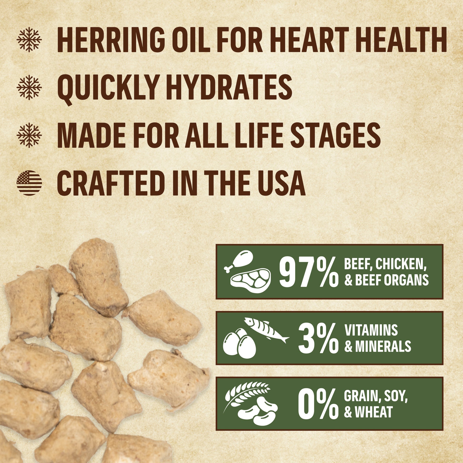 Cat food packaging with text about herring oil benefits and ingredients on a beige background.