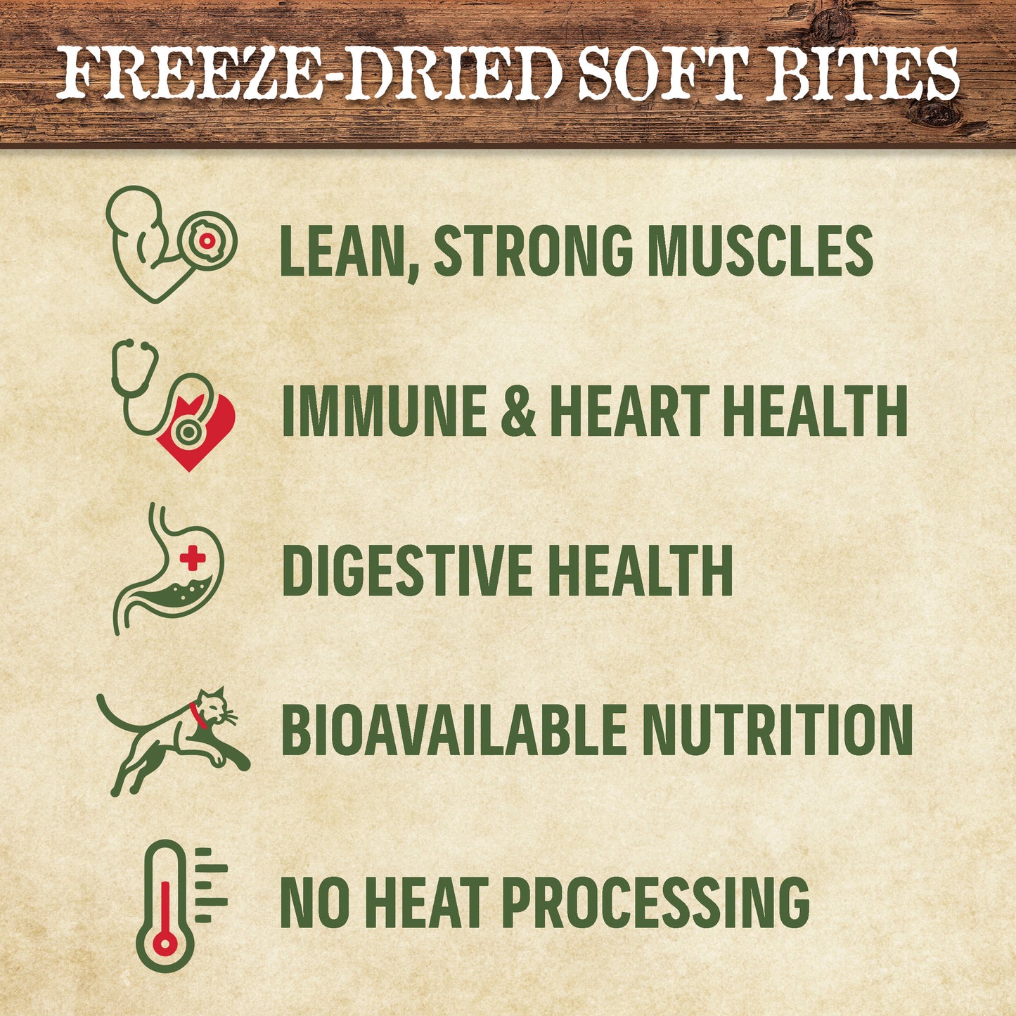 Product label for freeze-dried soft bites with health benefits on a textured background