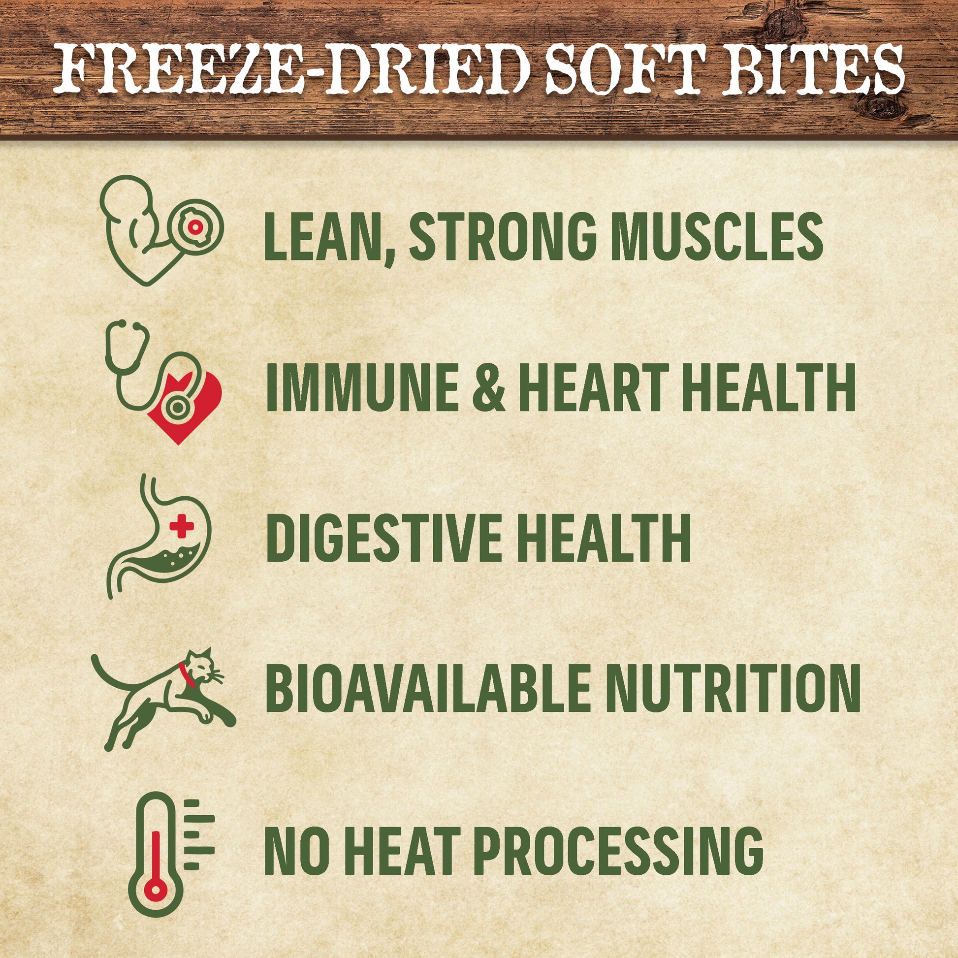 Product label for freeze-dried soft bites with health benefits on a textured background