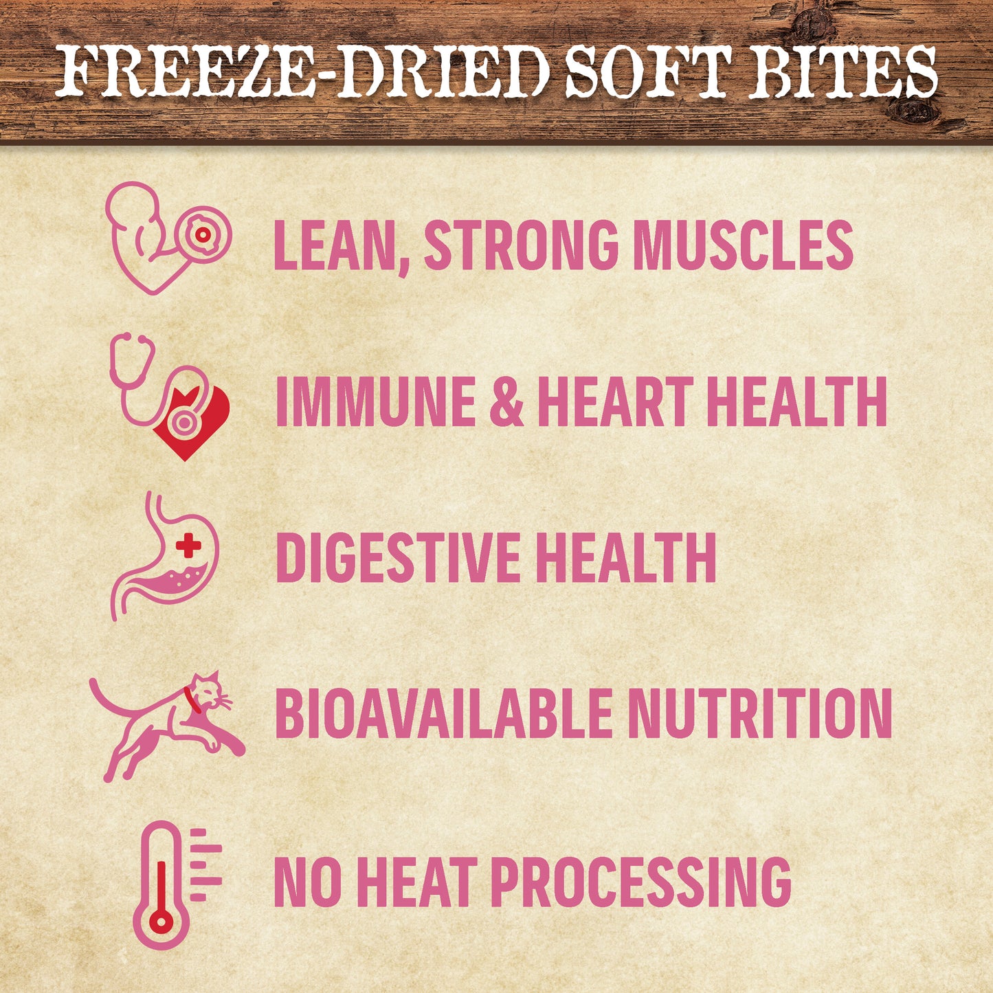 freeze-dried soft bites product description with icons and text on a textured background
