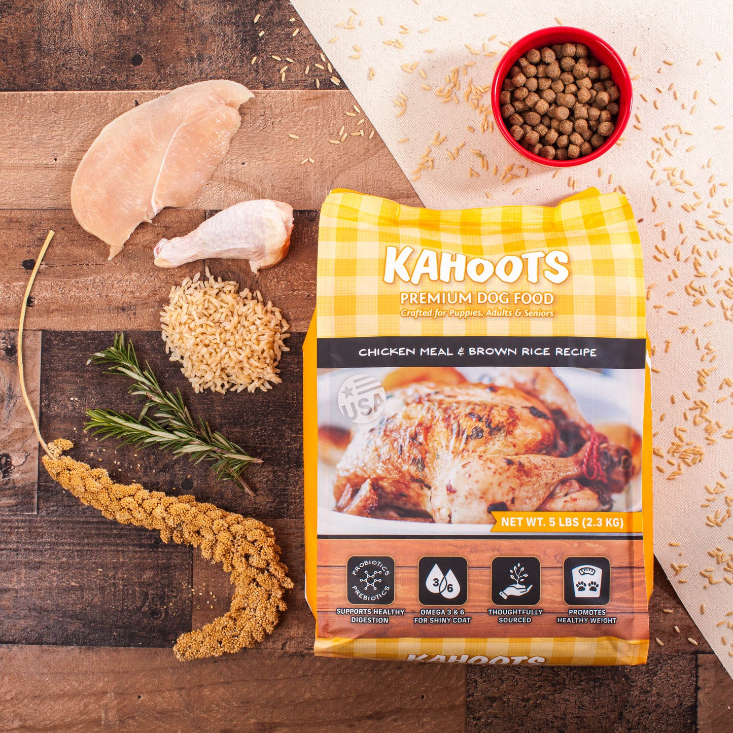 chicken and rice dog food over wood background