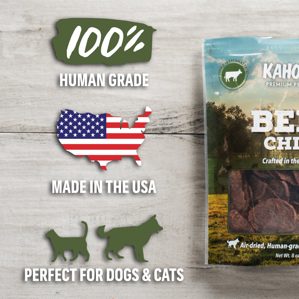 Product against wood background. 100% human grade, made in the USA, perfect for dogs and cats