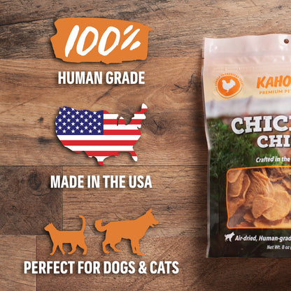 product against a wood background. 100% human grade, made in the USA, perfect for dogs & cats