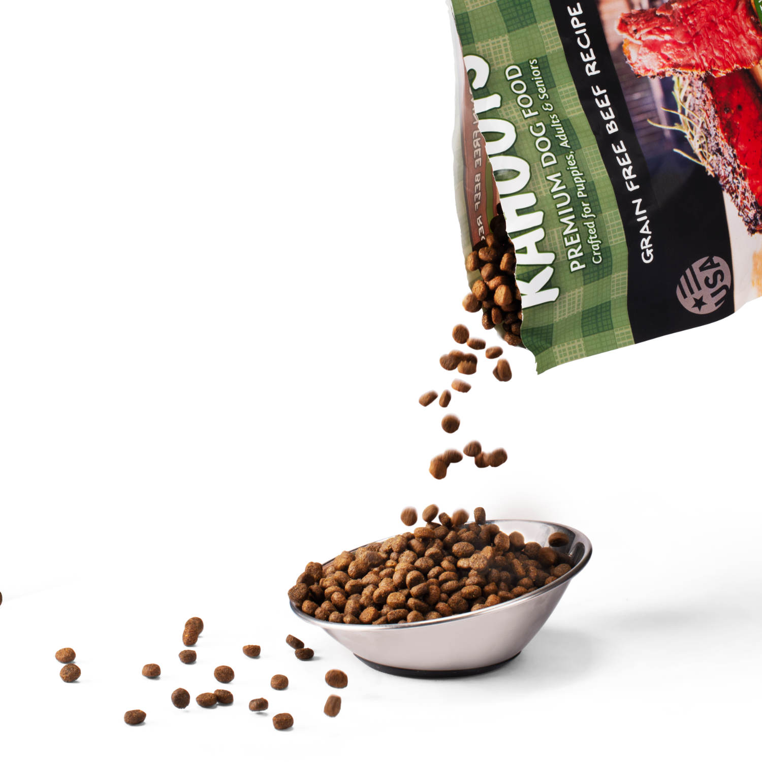 Beef kibble pouring into bowl
