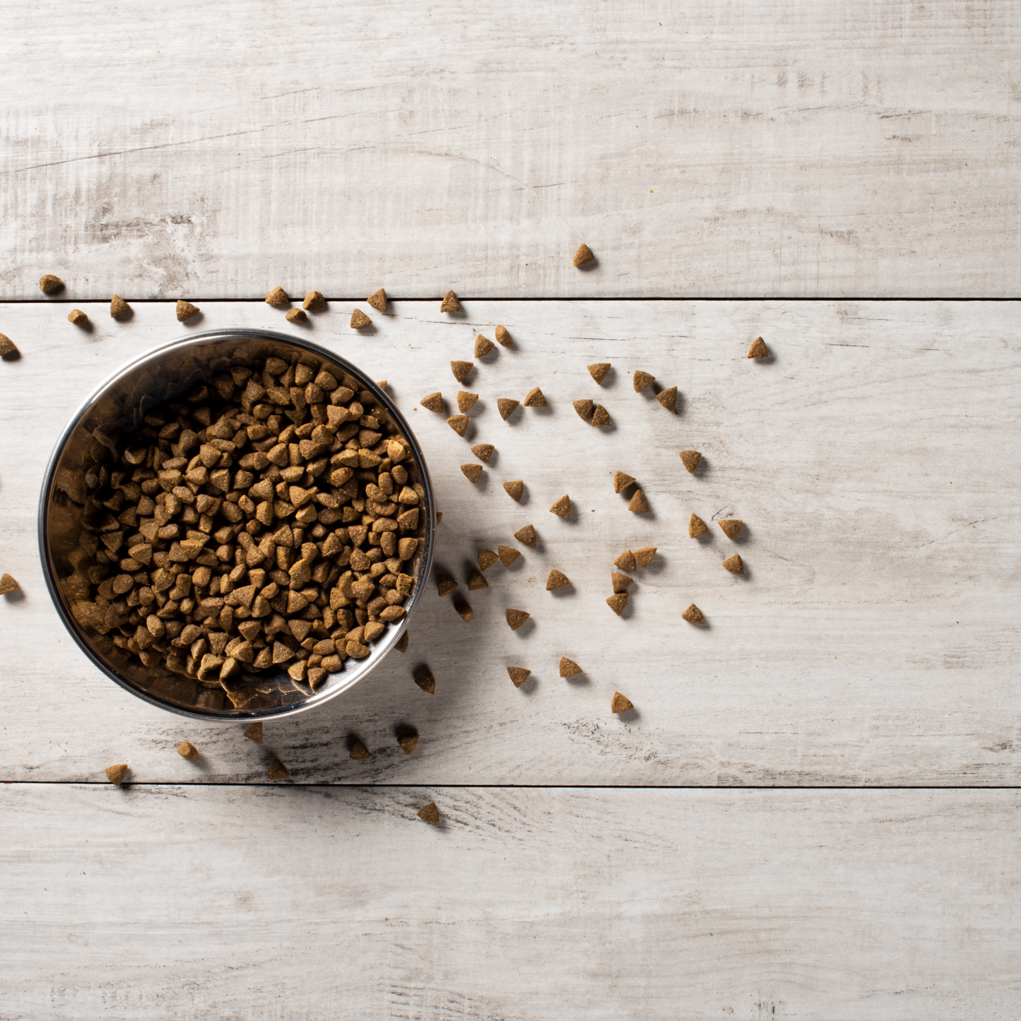 Cat kibble in bowl and spilling onto a wooden background
