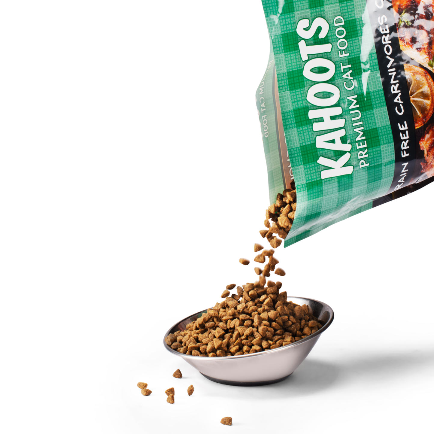 Carnivors choice cart kibble pouring into a bowl and spilling onto the ground
