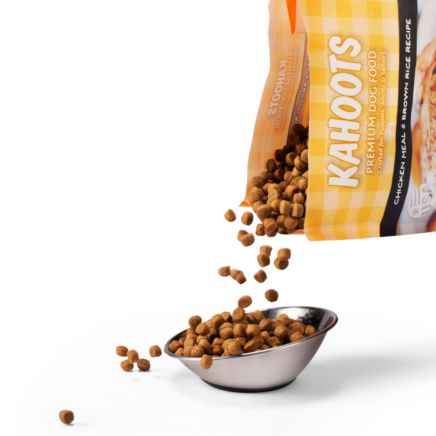 Chicken and rice dog kibble pouring into a bowl and spilling onto the ground