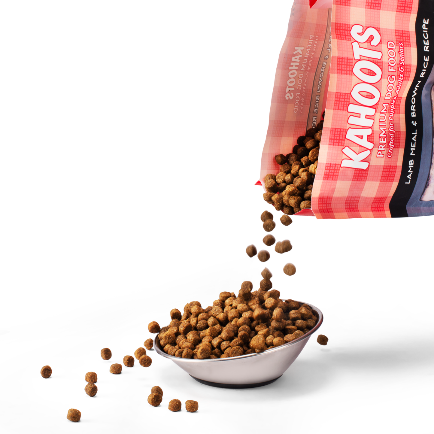 Lamb and rice dog kibble pouring into a bowl and spilling onto the ground