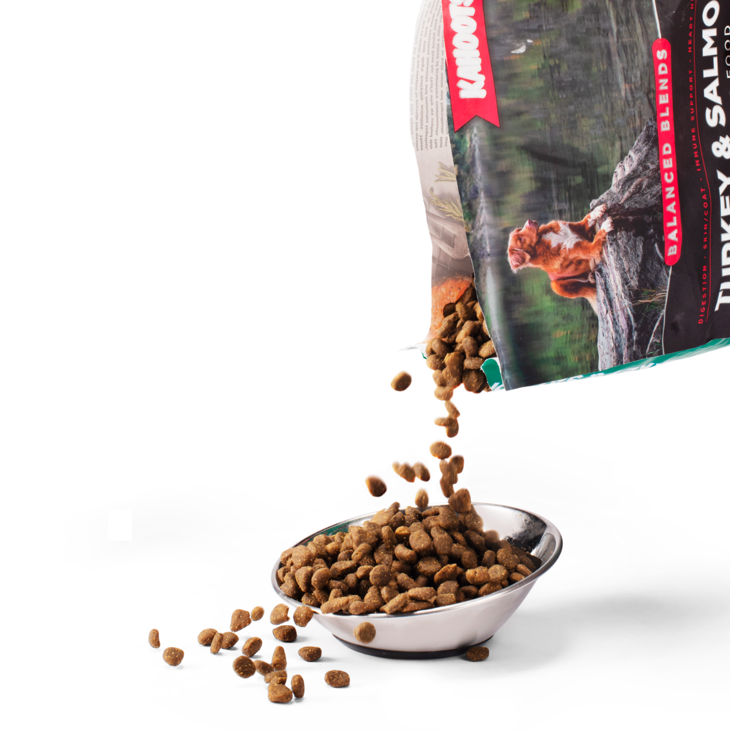Turkey and salmon kibble pouring into the bowl