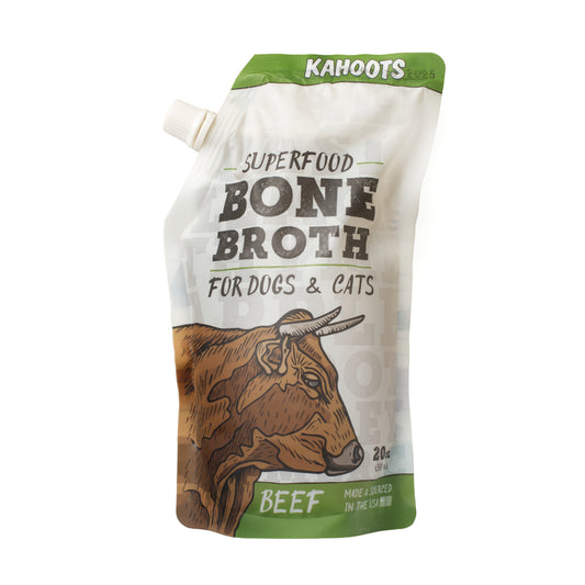 Bone broth packaging, beef, white packaging with green accents and a cartoon bull 