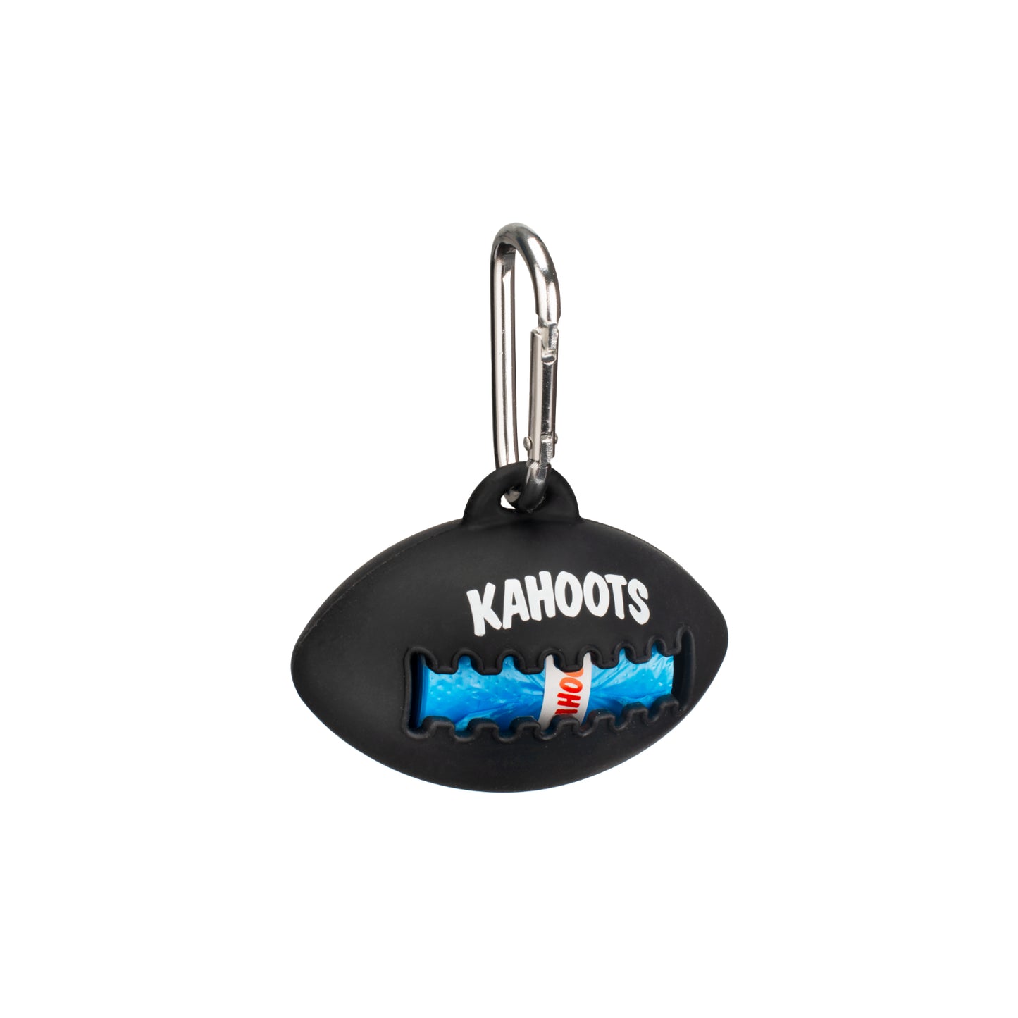 Black doo bag holder, football shaped, with blue doo bags inside