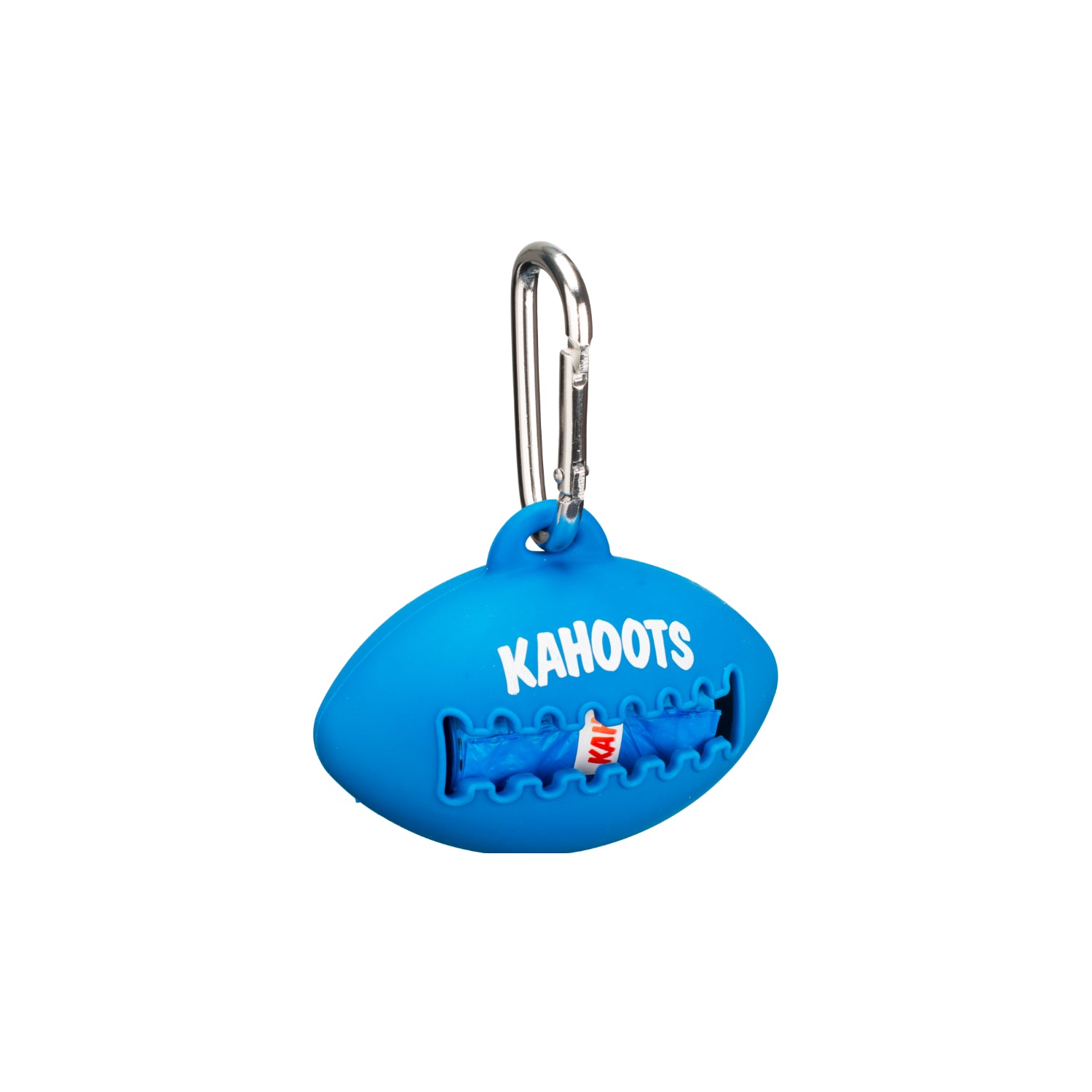 Blue doo bag holder, football shaped, with blue doo bags inside