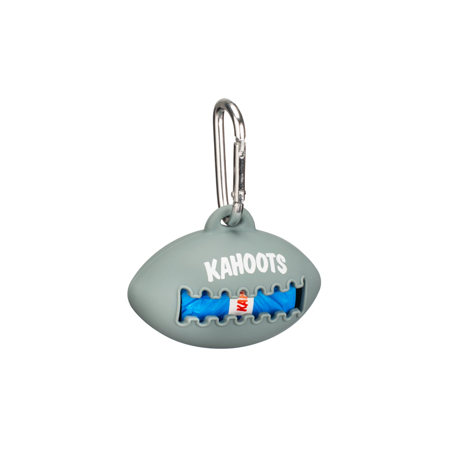 Gray doo bag holder, football shaped, with blue doo bags inside