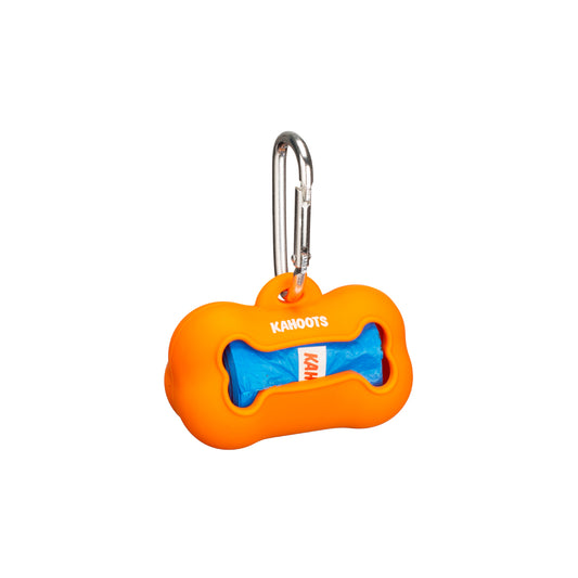 Orange doo bag holder, bone shaped, with blue doo bags inside