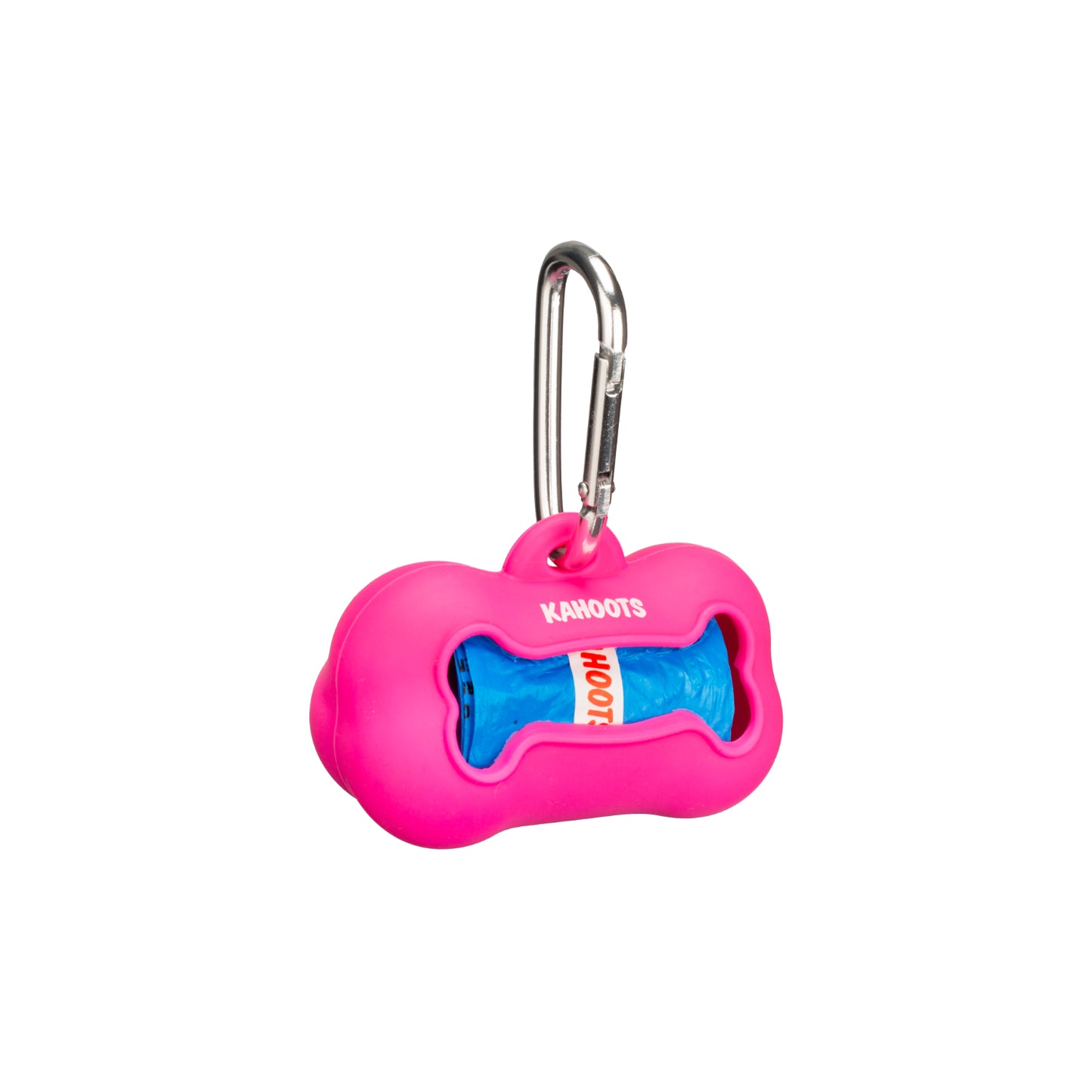 Pink doo bag holder, bone shaped, with blue doo bags inside