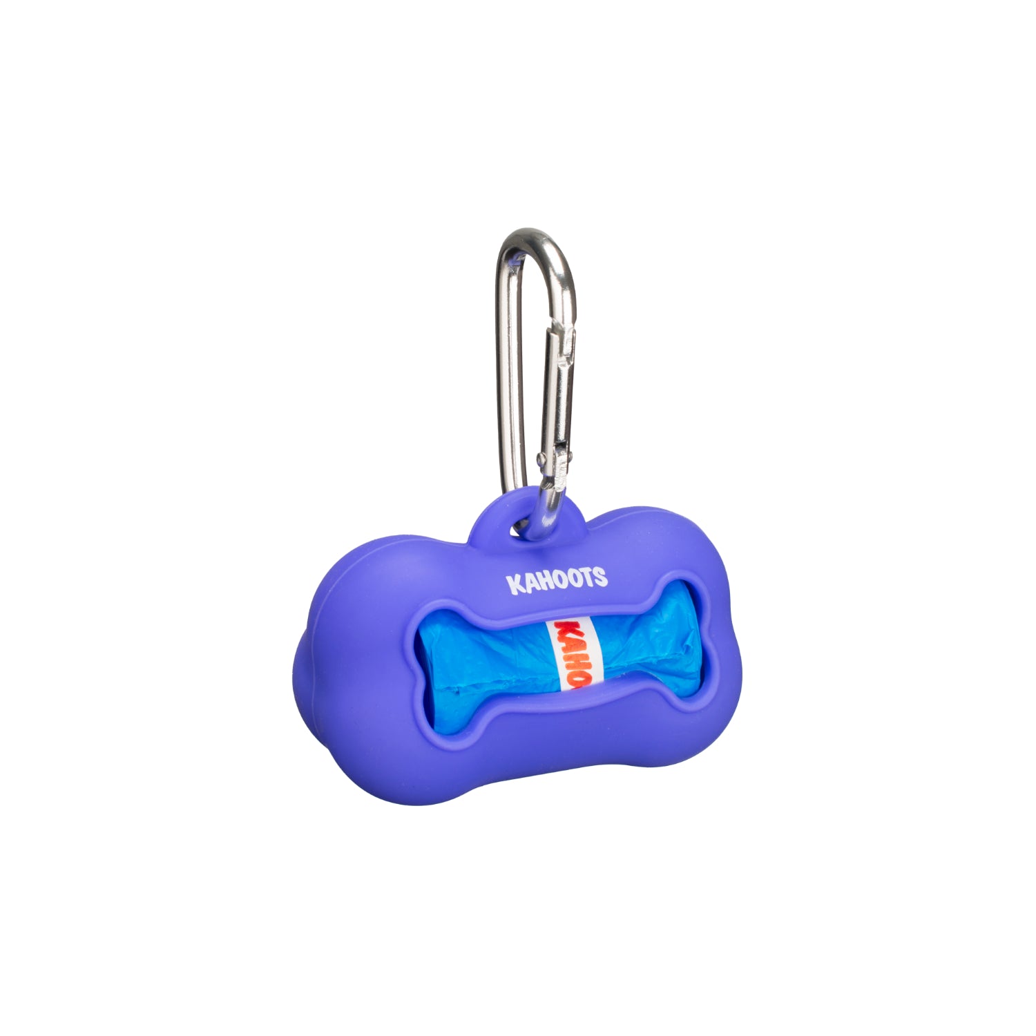 Purple doo bag holder, bone shaped, with blue doo bags inside