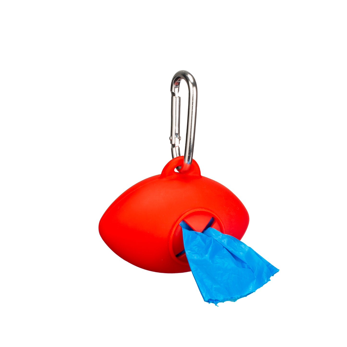 back of red football shaped doo bag holder with doo bags coming out