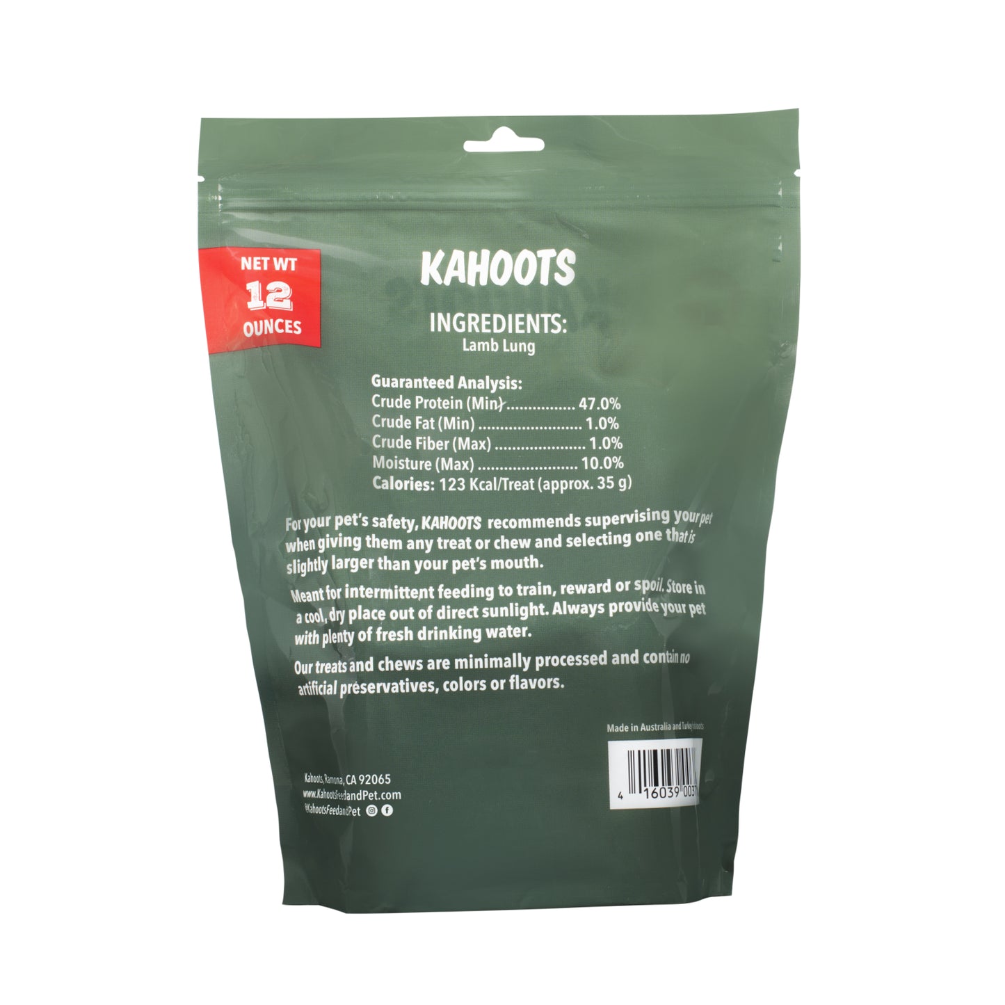 Lamb lung dog treats in bag, back of bag