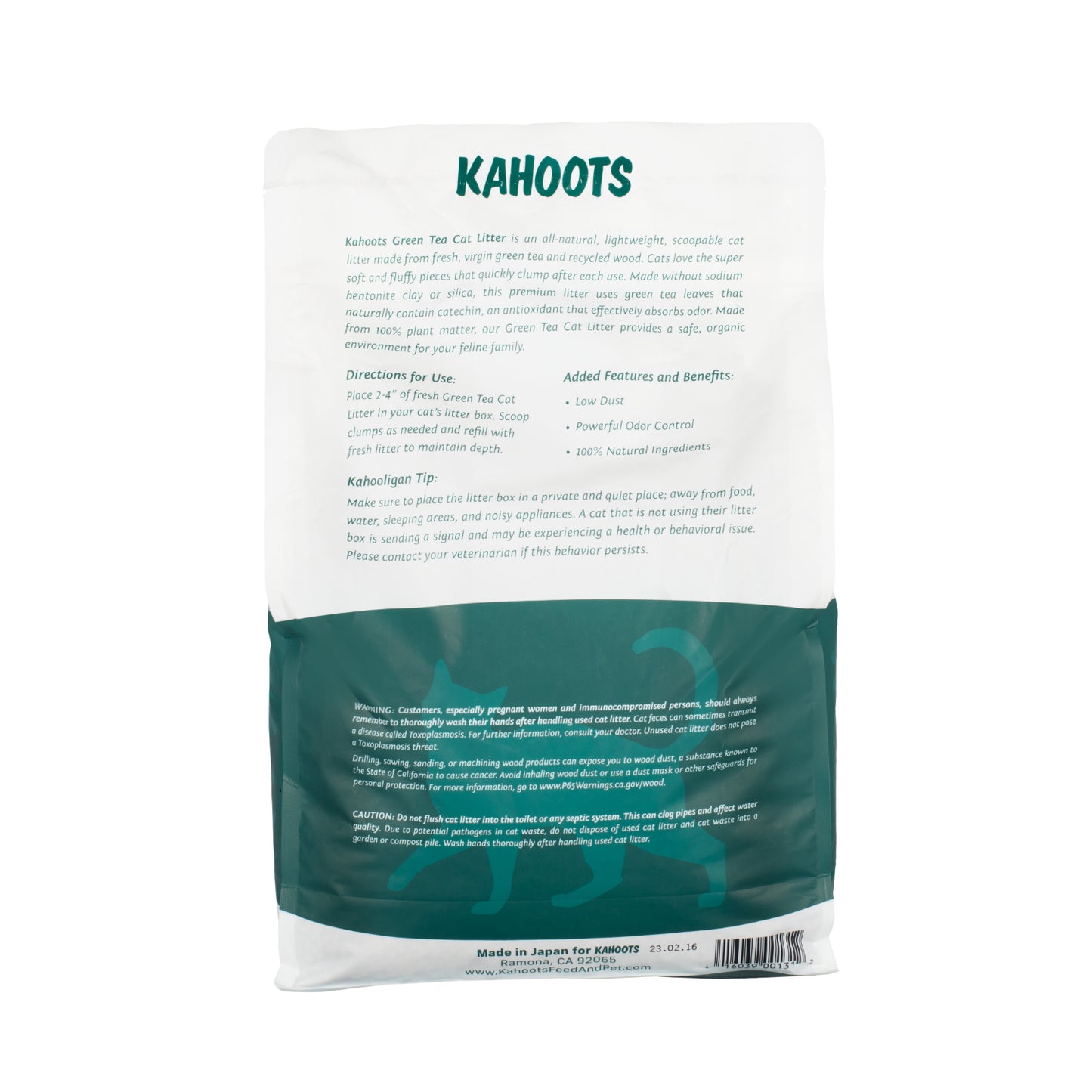 Kahoots green tea cat litter bag, back of bag