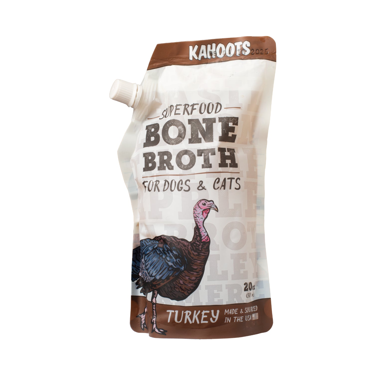 Bone broth packaging, turkey, white packaging with brown accents and a cartoon turkey 