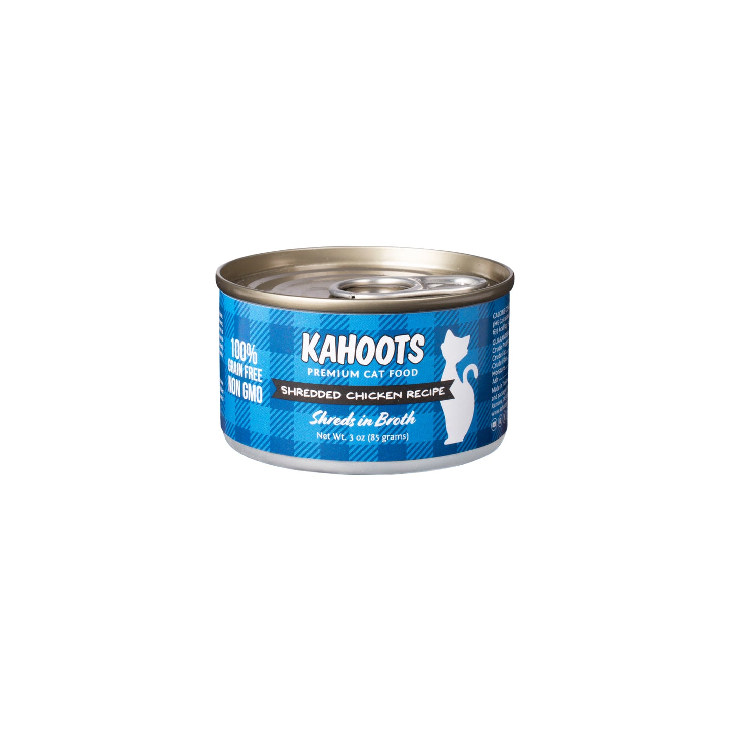 chicken shreds in broth wet cat food can. White cat over a blue checkered background