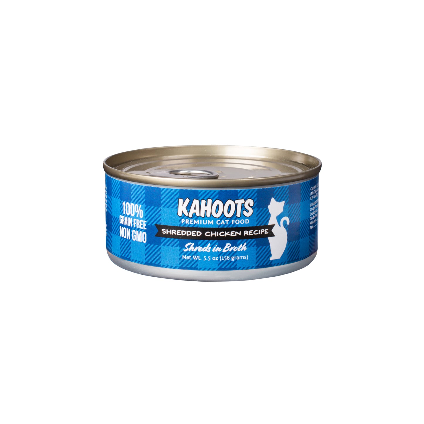 chicken shreds in broth wet cat food can. White cat over a blue checkered background