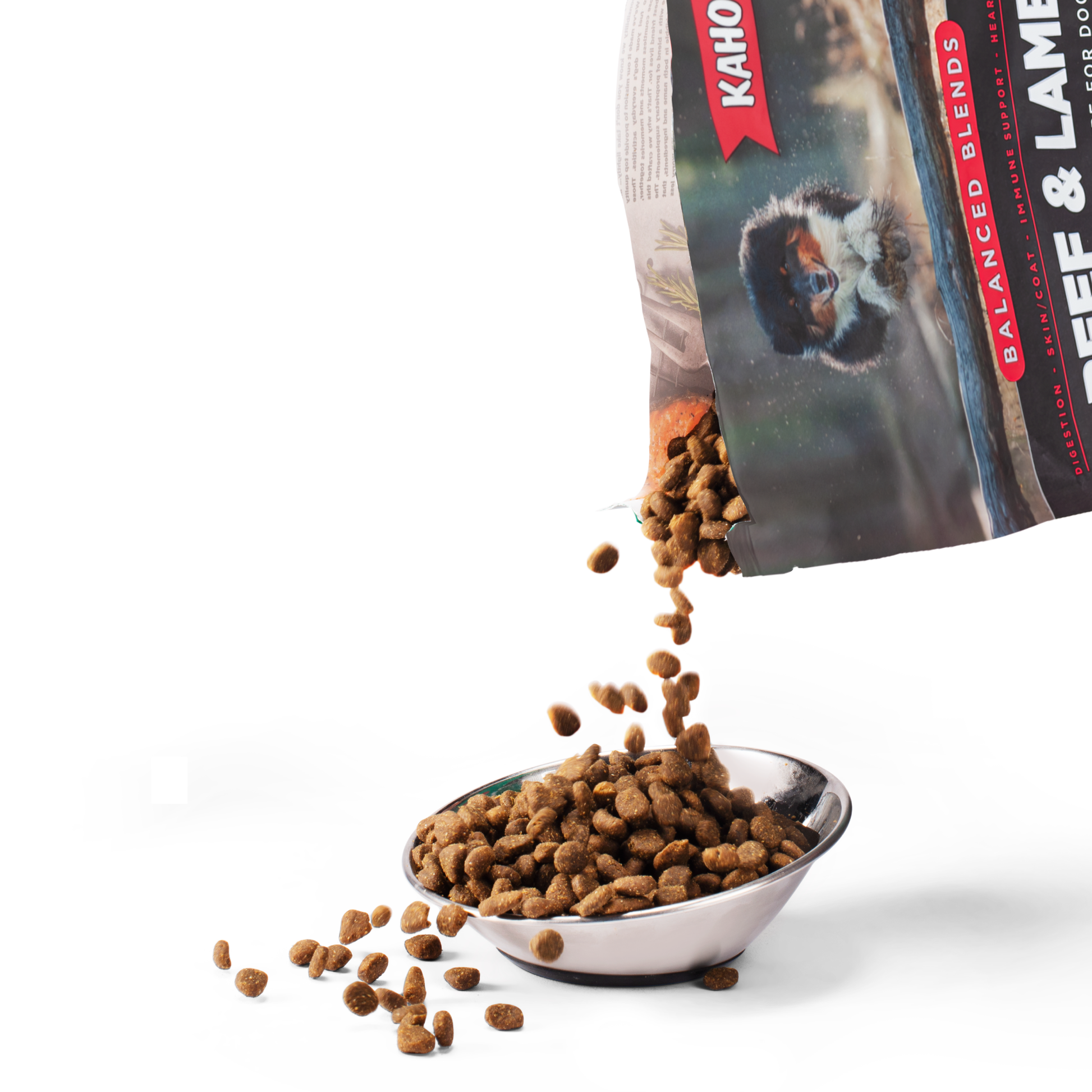 Beef & lamb dog food pouring into a bowl