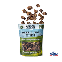 Beef lung mini product packaging with beef lung bites spewing out of the top