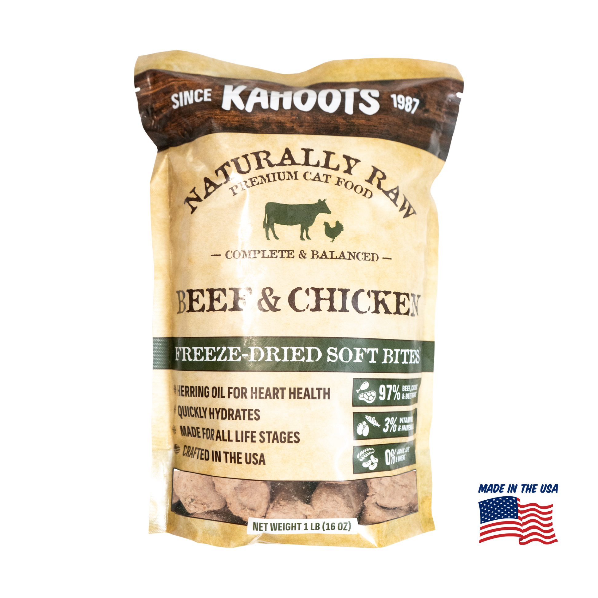 Kanoots cat food package with beef and chicken flavor on a white background
