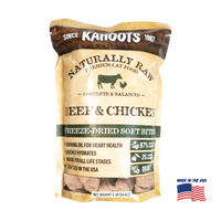 Kanoots cat food package with beef and chicken flavor on a white background
