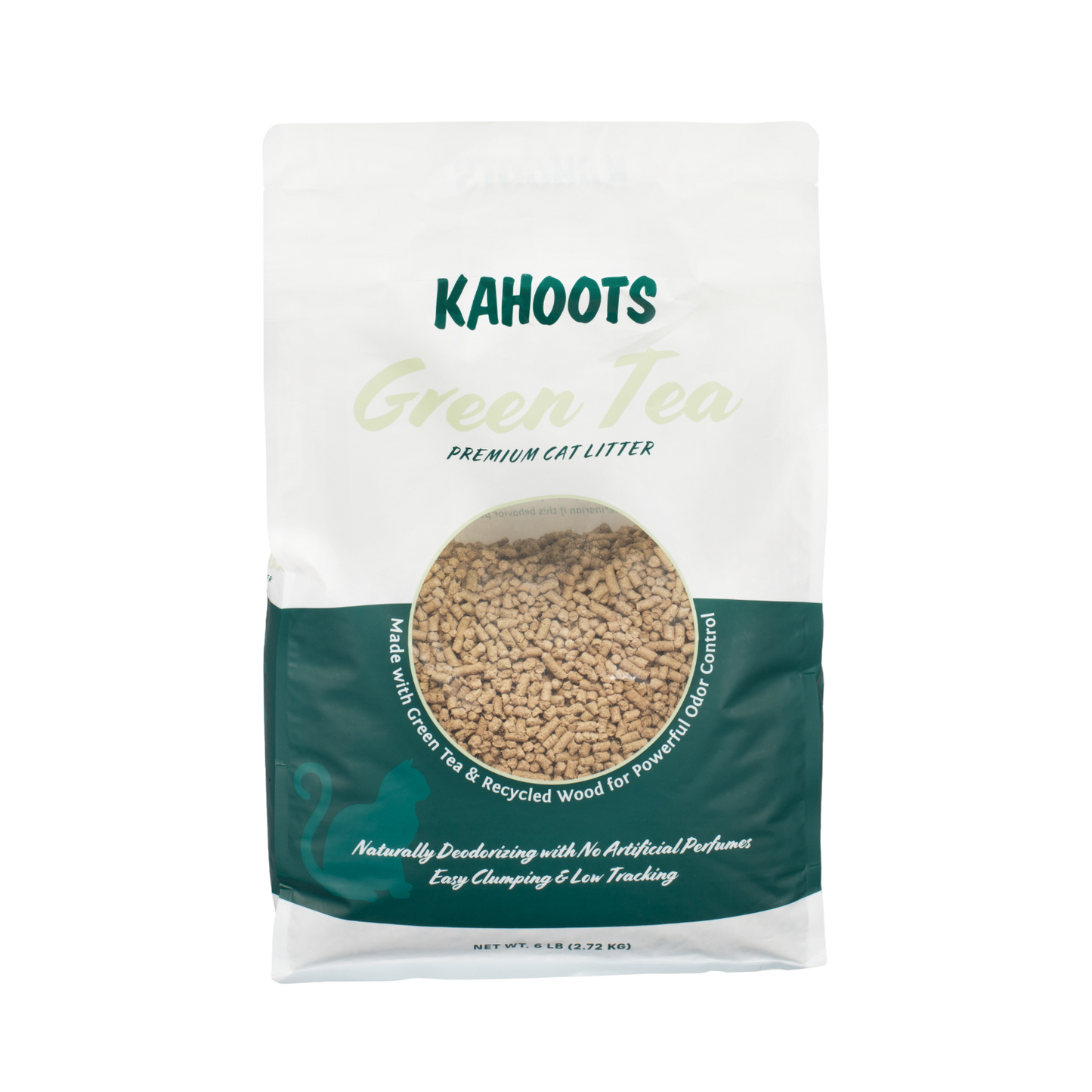 Kahoots green tea cat litter bag, back of bag