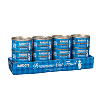 Case quantity of chicken shreds in broth wet cat food can. White cat over a blue checkered background