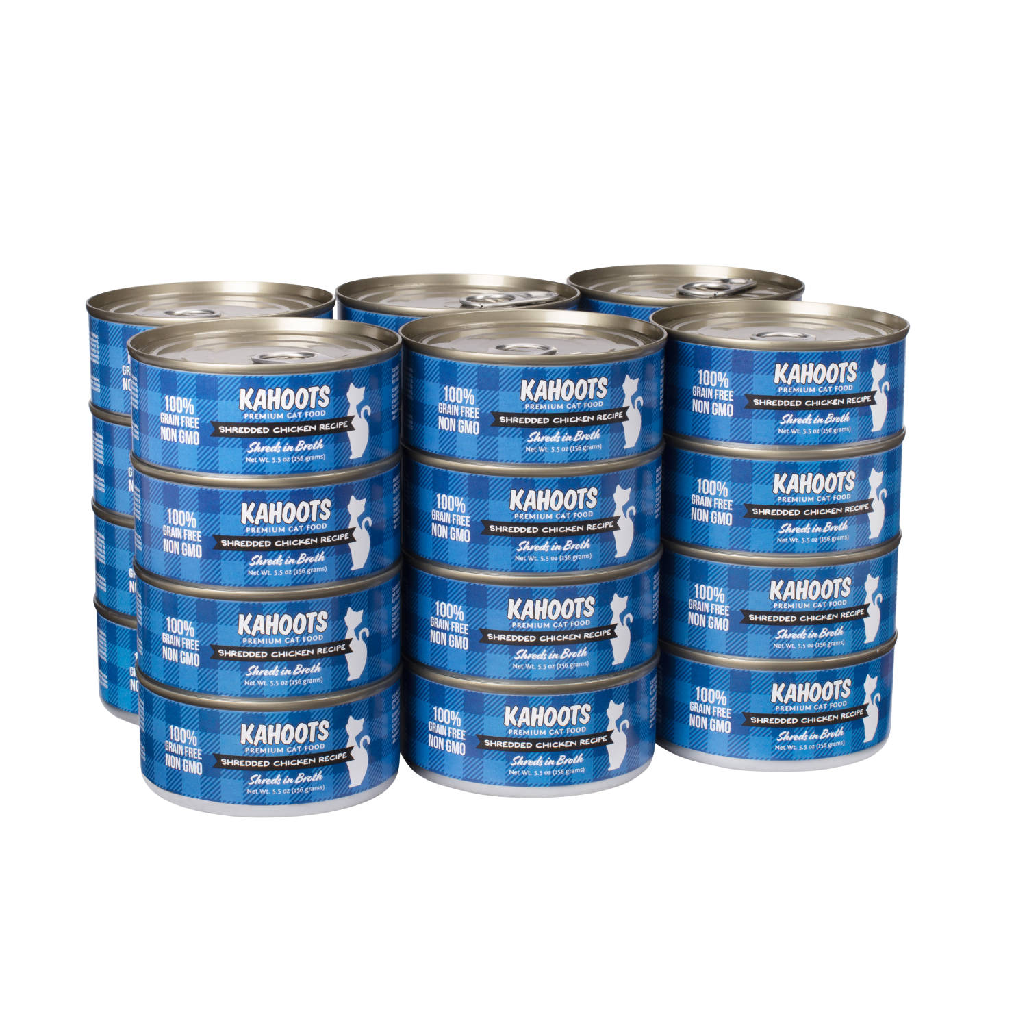 Case quantity of chicken shreds in broth wet cat food can. White cat over a blue checkered background