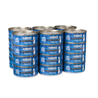 Case quantity of chicken shreds in broth wet cat food can. White cat over a blue checkered background