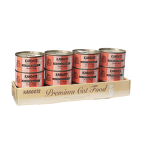 Case quantity of Red meat ahi tuna wet cat food can. White cat over a cream stripe background