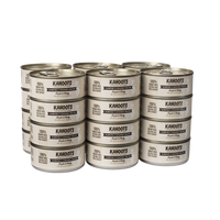 Case quantity of Sardine and Chicken wet cat food. White cat over cream colored striped background on the label