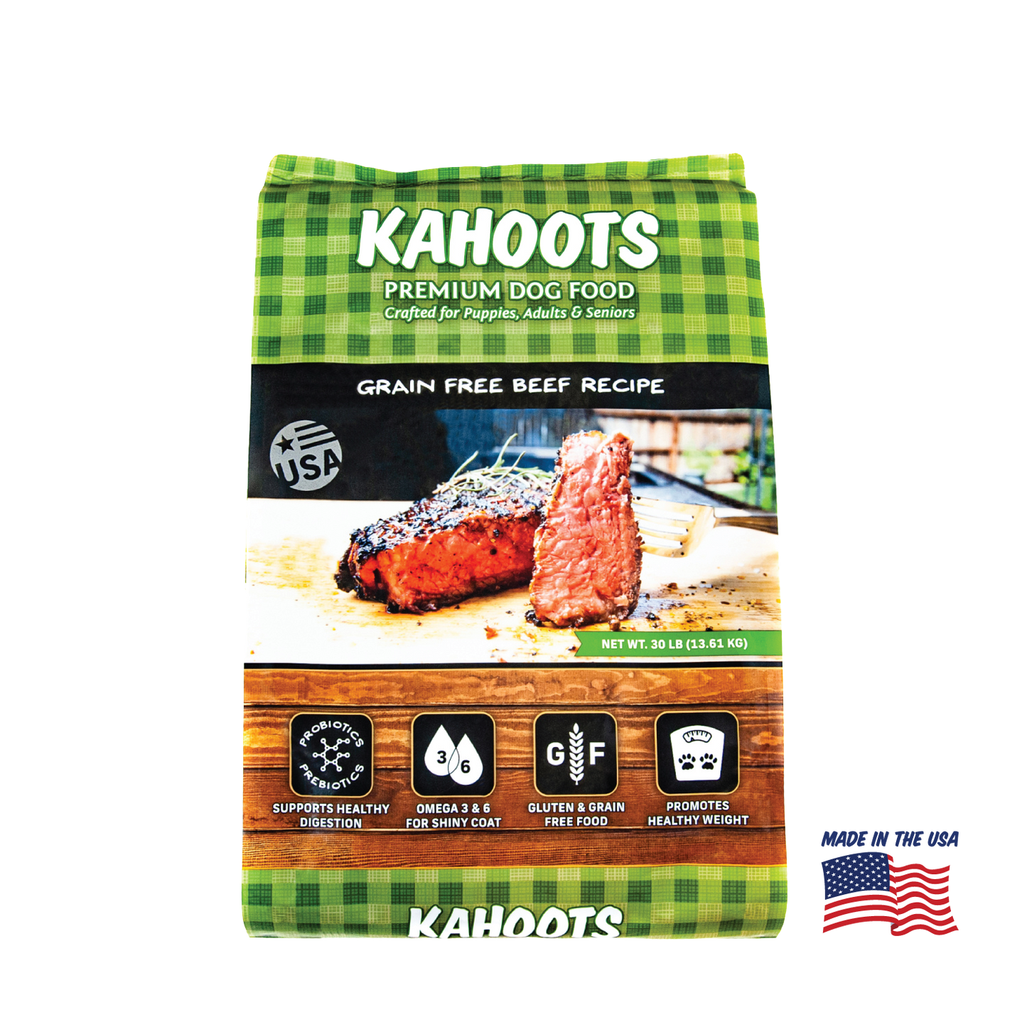 Kahoots beef dog food packaging 30lb
