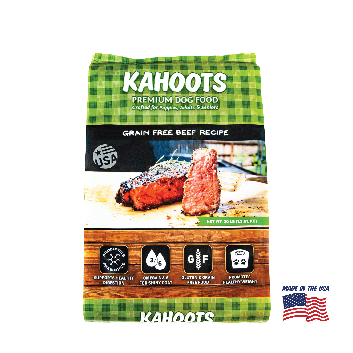 Kahoots beef dog food packaging 30lb