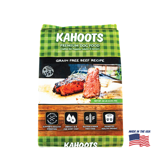Kahoots beef dog food packaging 30lb