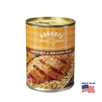 Kahoots chicken and rice wet dog food can, made in the USA