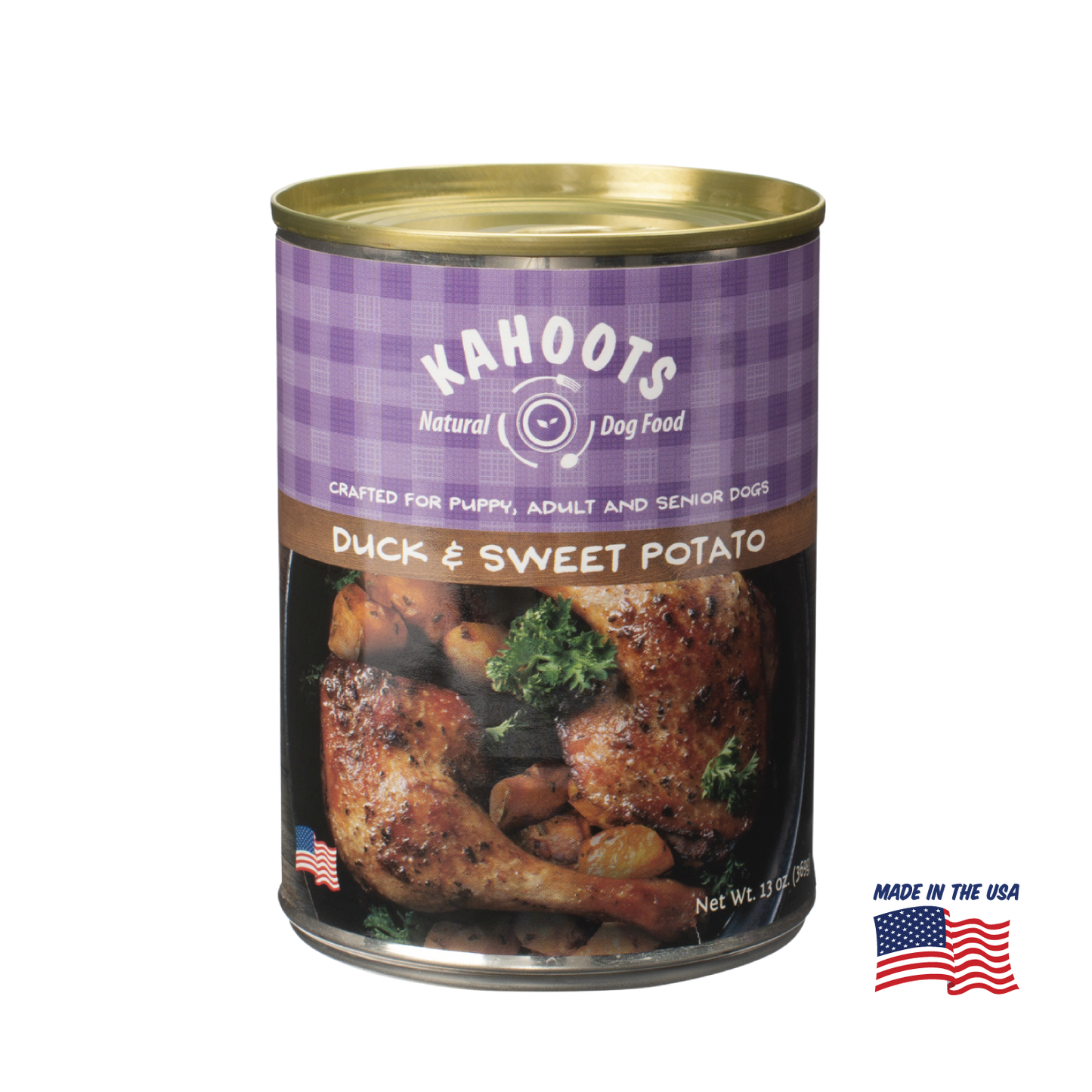 Kahoots duck and sweet potato wet dog food can, made in the USA