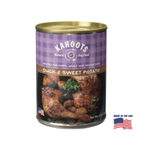 Kahoots duck and sweet potato wet dog food can, made in the USA