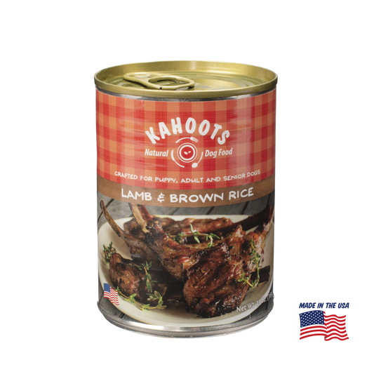 Kahoots lamb and rice wet dog food can, made in the USA