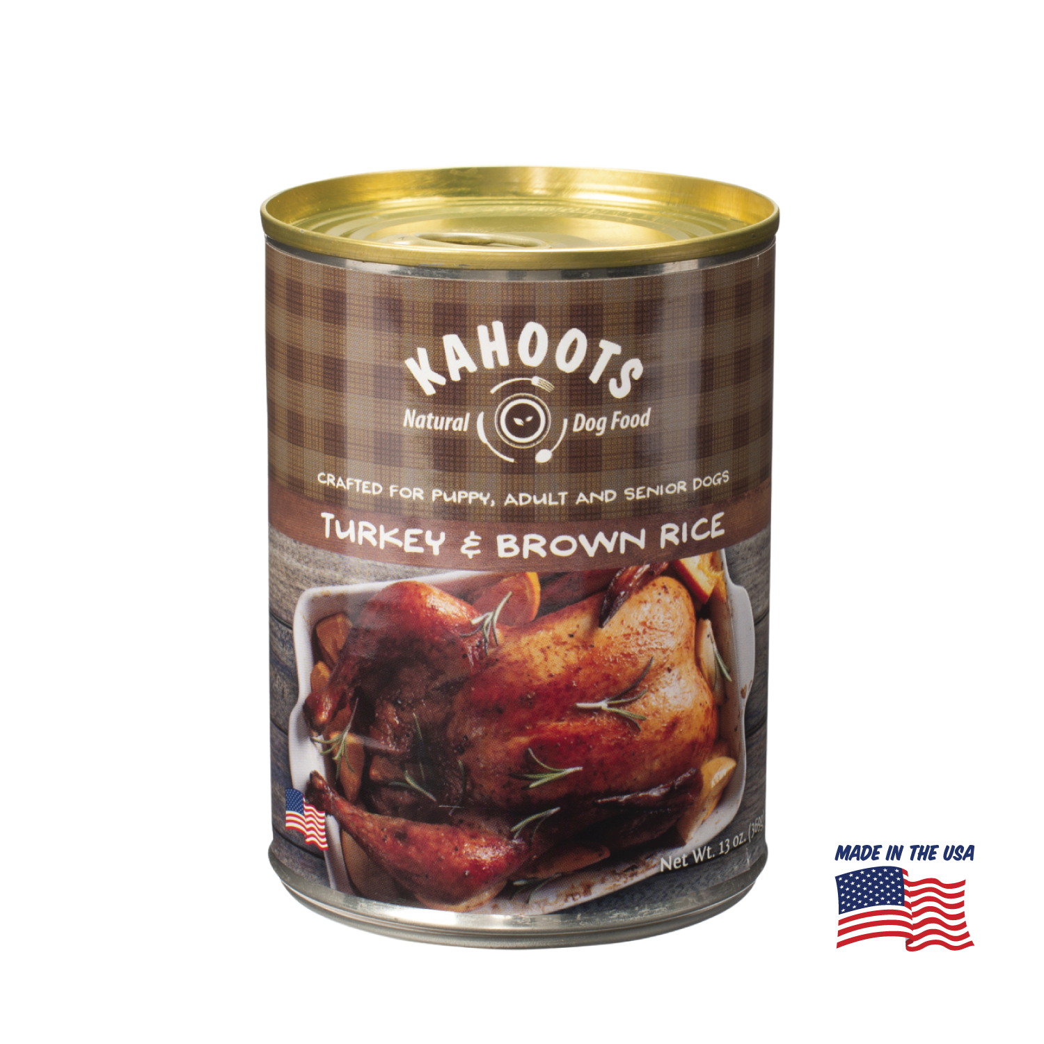 Kahoots turkey and rice wet dog food can, made in the USA