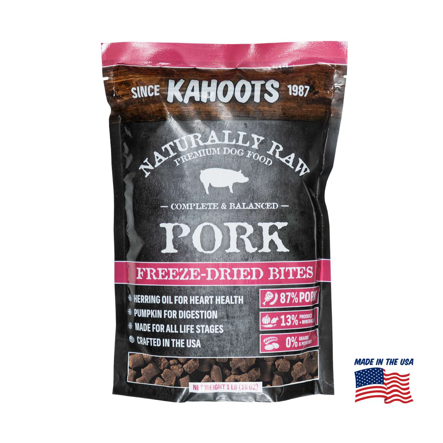 Kahoots Naturally Raw Pork Freeze-Dried Bites packaging on a white background