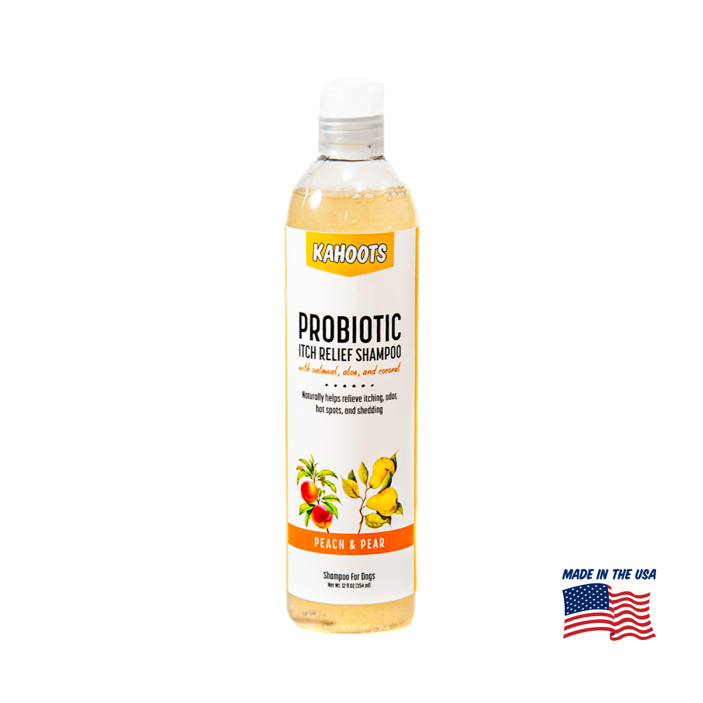 Kahoots Probiotic Itch Relief Shampoo bottle with peach and pear flavor